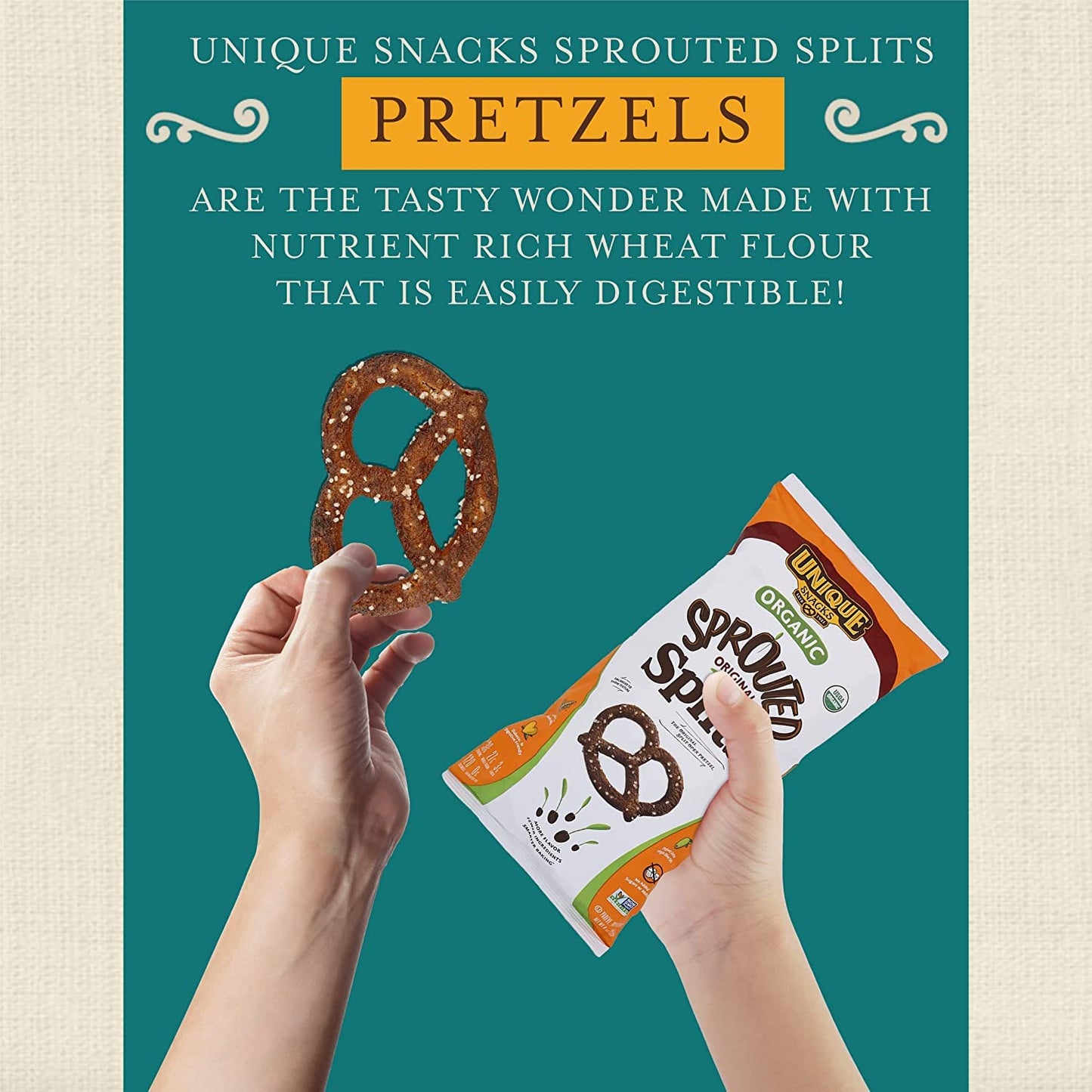 Unique Snacks Sprouted Splits Pretzels, Non-GMO, OU Kosher, 8 Oz. Bag, Pack of 6