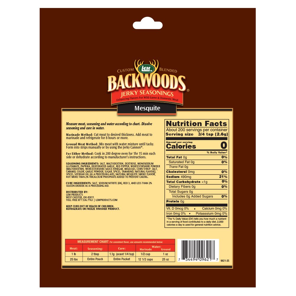 LEM Backwoods Mesquite Jerky Seasoning, 18.3 Oz, Ideal for Wild Game, Seasons Up to 25 Pounds of Meat, Model 9621