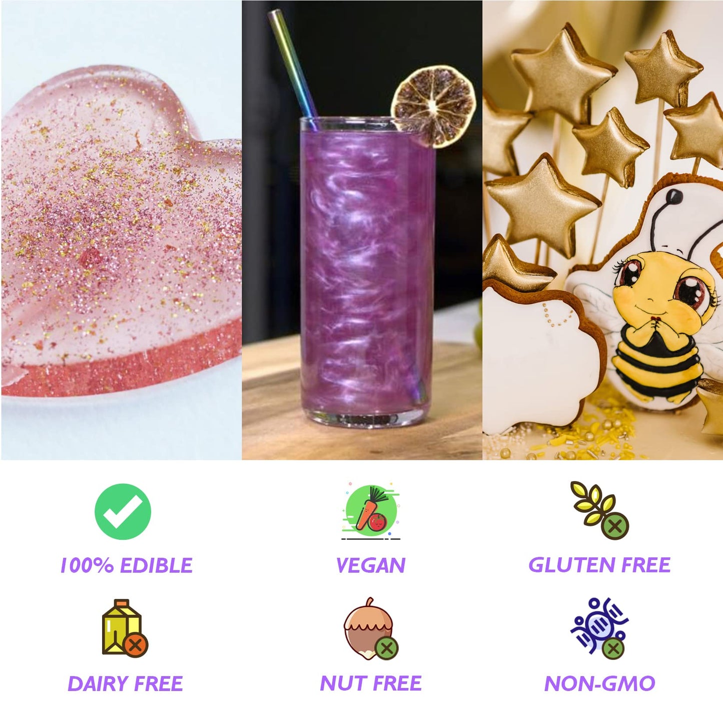 SigWong Edible Glitter Set - 10 Colors Luster Dust, Food Grade, Vegan, Gluten Free, 4g per Bottle