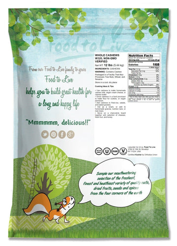 Food To Live - Raw Cashews, 12 Pounds - Deluxe Whole Nuts, Unsalted, Unroasted Fancy Snack, Size W-320, Kosher, Vegan, Bulk, Ric