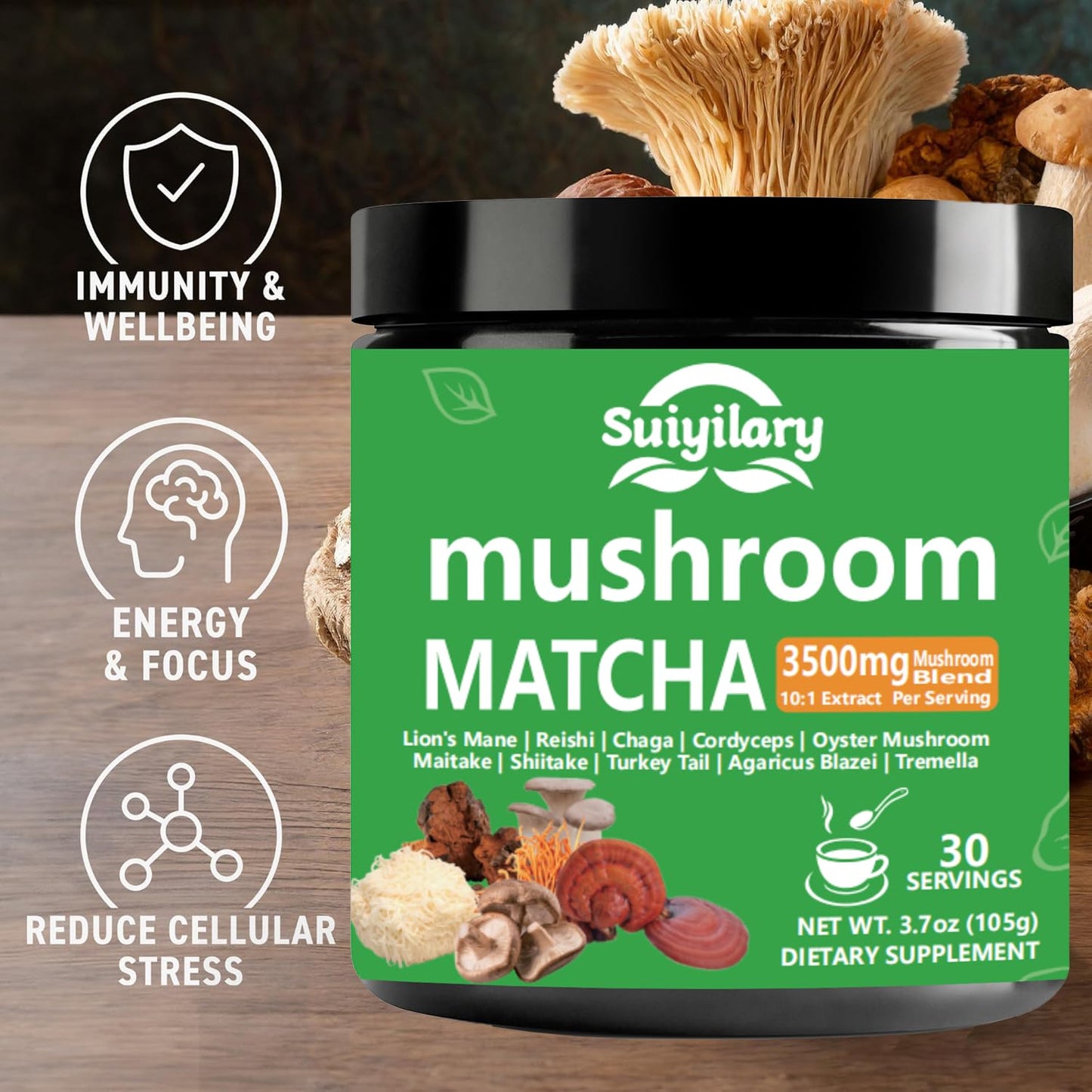 10 Mushroom Matcha Powder With Lion'S Mane, Reishi, Mushroom Polysaccharides & More, 3500Mg(10:1) Extract, Japanese Ceremonial M