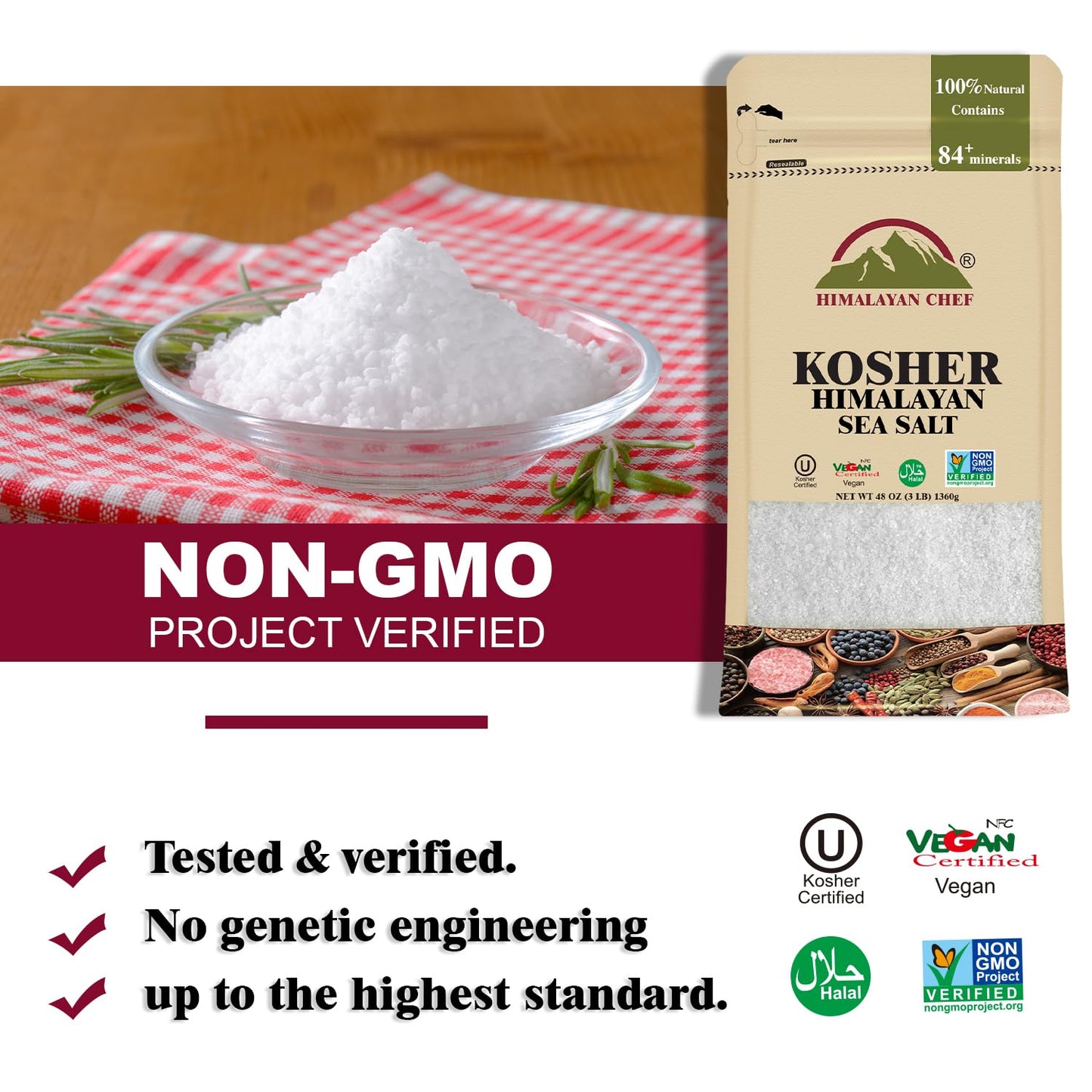 Himalayan Chef Kosher Sea Salt, Fine Grain Kosher Salt, Replacement for Table Salt, Non-Iodized, Unrefined, Non-GMO, All-Natural