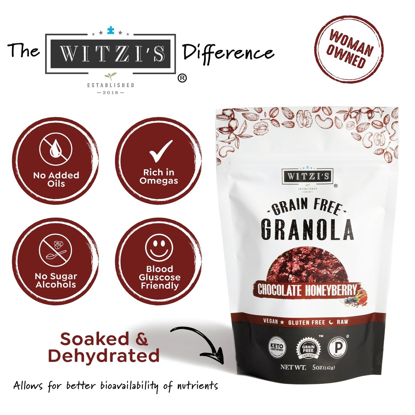 Witzis Grain Free Granola, Chocolate Honeyberry, Vegan, Keto, 5oz (Pack of 3)