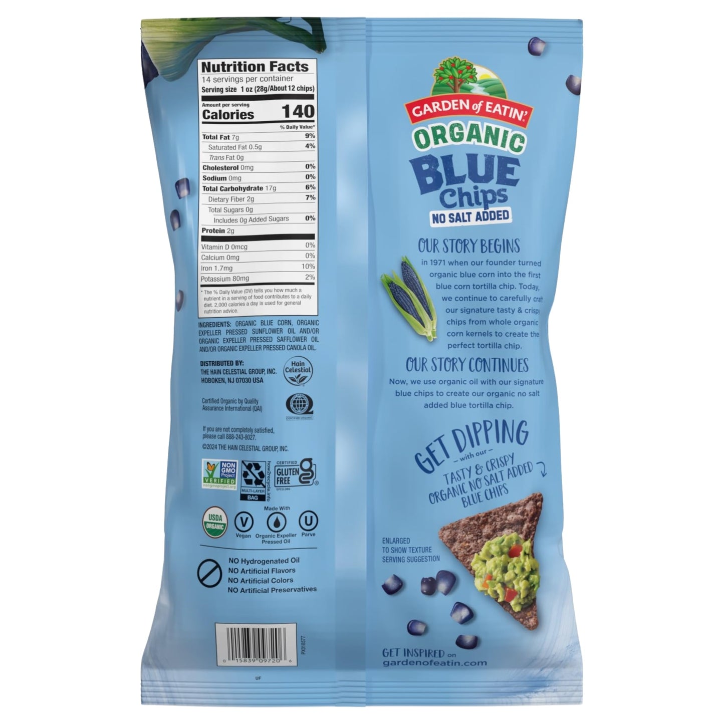 Garden Of Eatin' Organic No Salt Blue Corn Tortilla Chip 14 Oz