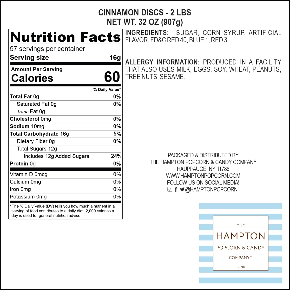 Cinnamon Discs Hard Candy by The Hampton Popcorn Company - 1lb Bulk Bag (Approx. 75 pcs) - Individually Wrapped Old Fashioned Treats