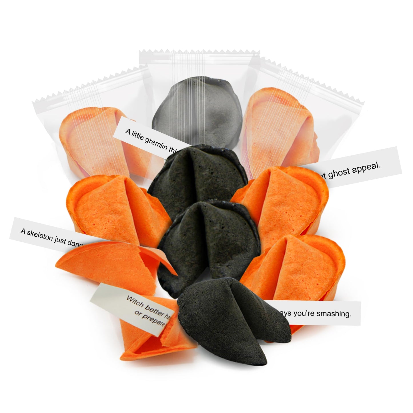 4Es Novelty Halloween Fortune Cookies Bulk - 50 Individually Wrapped with 50 Funny & Scary Fortune Cookies Sayings for Kids & mature-themeds Trick-or-Treat Perfect for Halloween Party