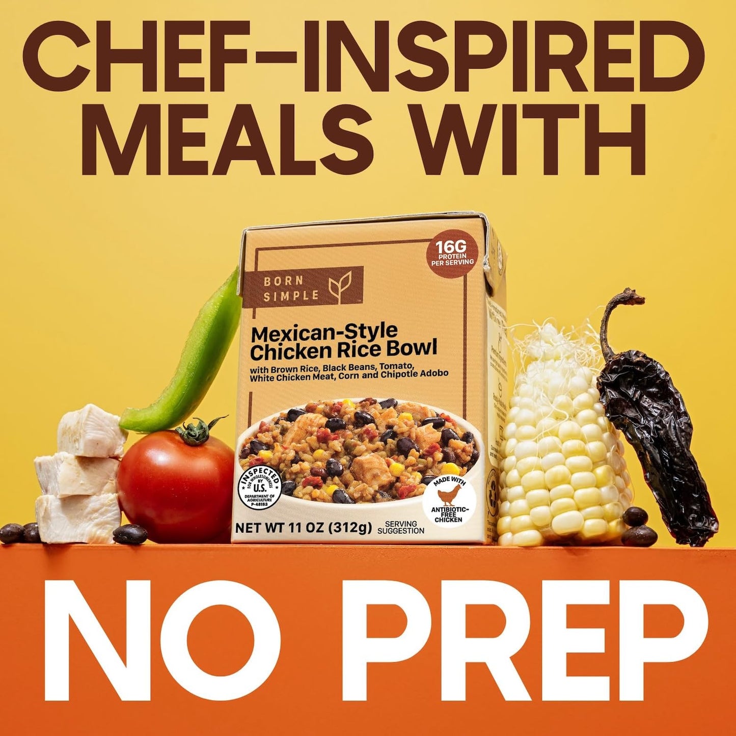 Born Simple Prepared Meals - Ready To Eat Mexican-Style Chicken Rice Bowl | 16G Protein | 11 Oz (Pack Of 3)