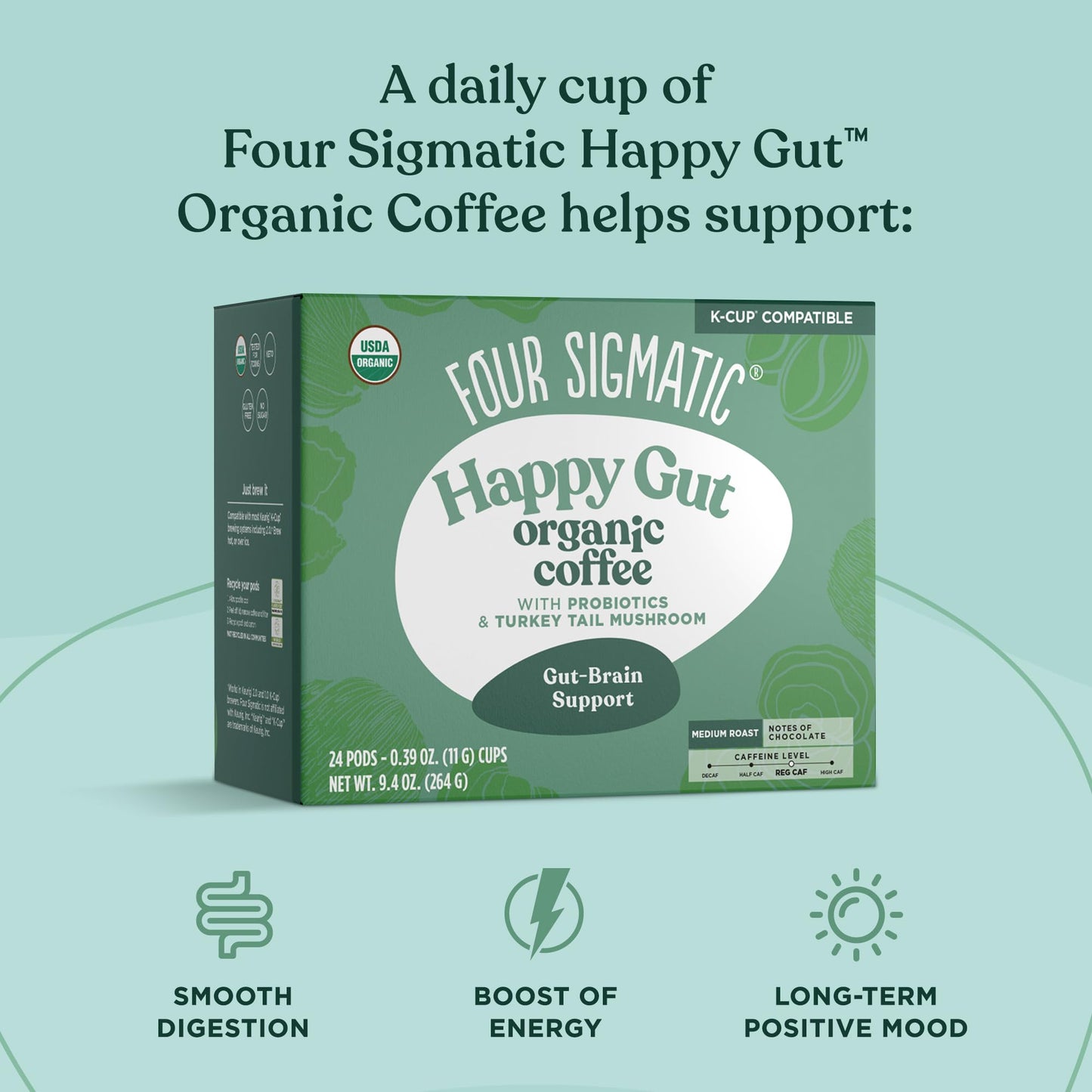 Four Sigmatic Happy Gut Organic Coffee Pods | Medium Roast Probiotic K Cups With Chaga And Turkey Tail | Immune Boosting, Probio