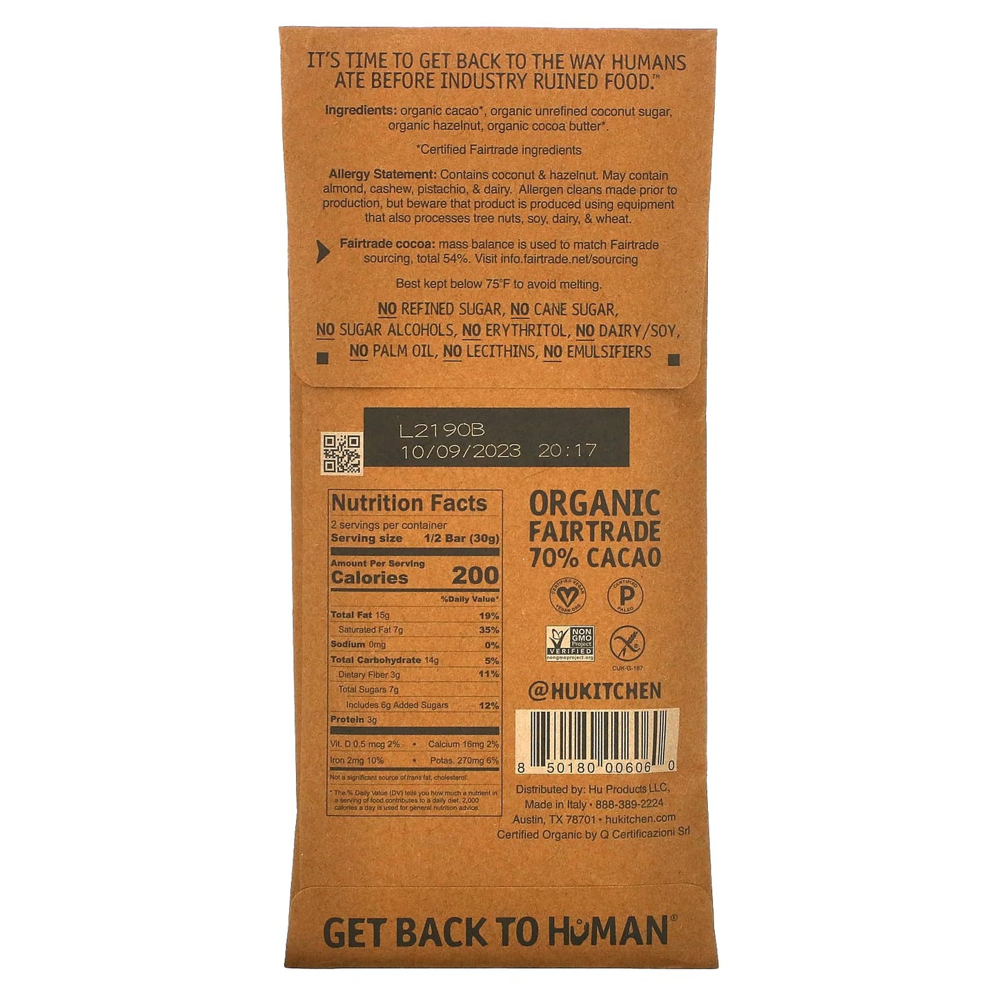 Hu Kitchen, Bar Chocolate Hazelnut Praline, 2.1 Ounce