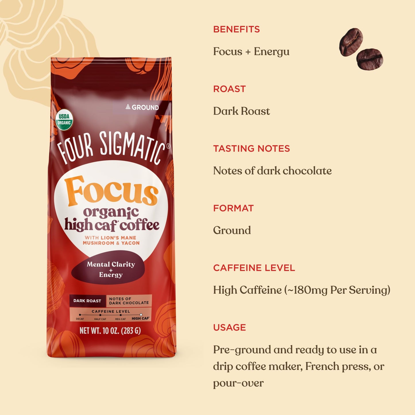 Four Sigmatic Organic High Caffeine Lions Mane Ground Coffee 10 OZ