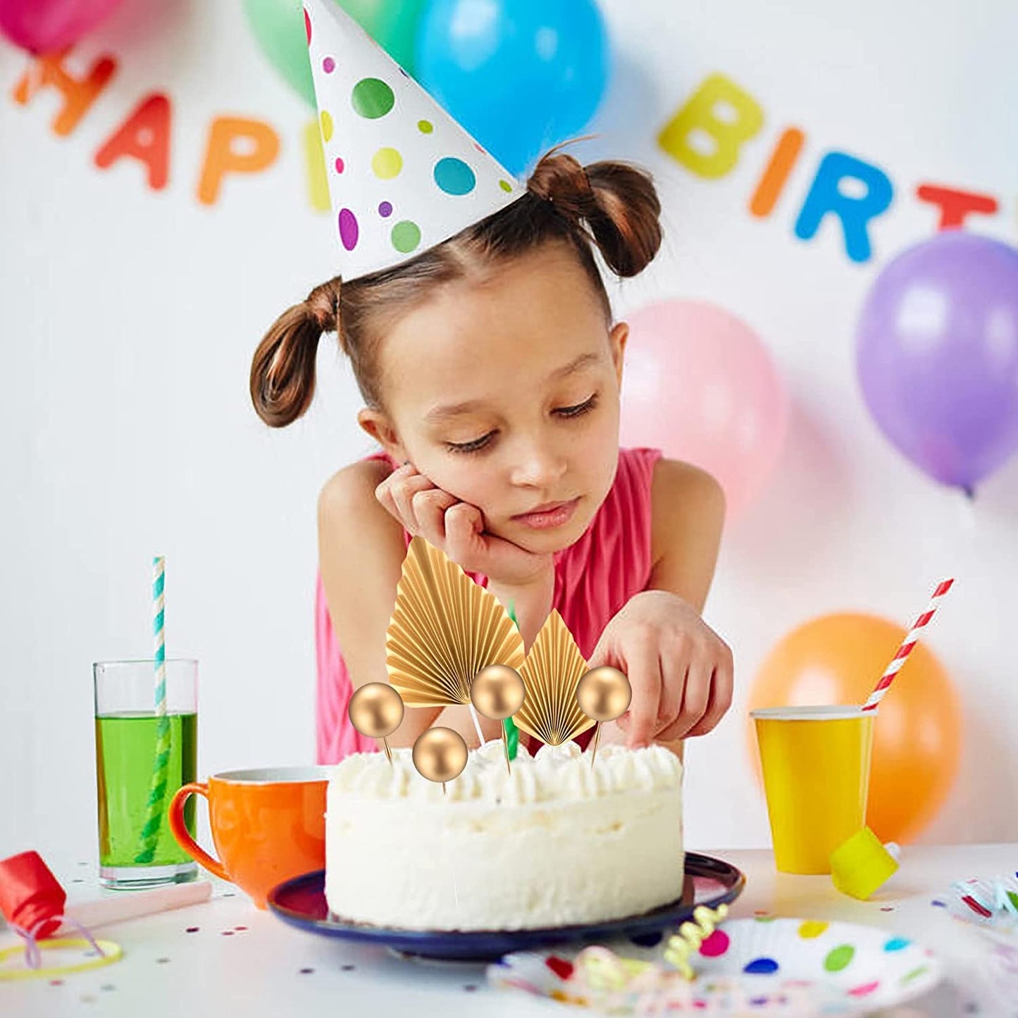 20 Pcs Gold Balls Cake Toppers, 8 Pcs Gold Palm Leaves Cake Decorations, Foam Balls Paper Palm Leaf Cake Insert Toppers Decorati