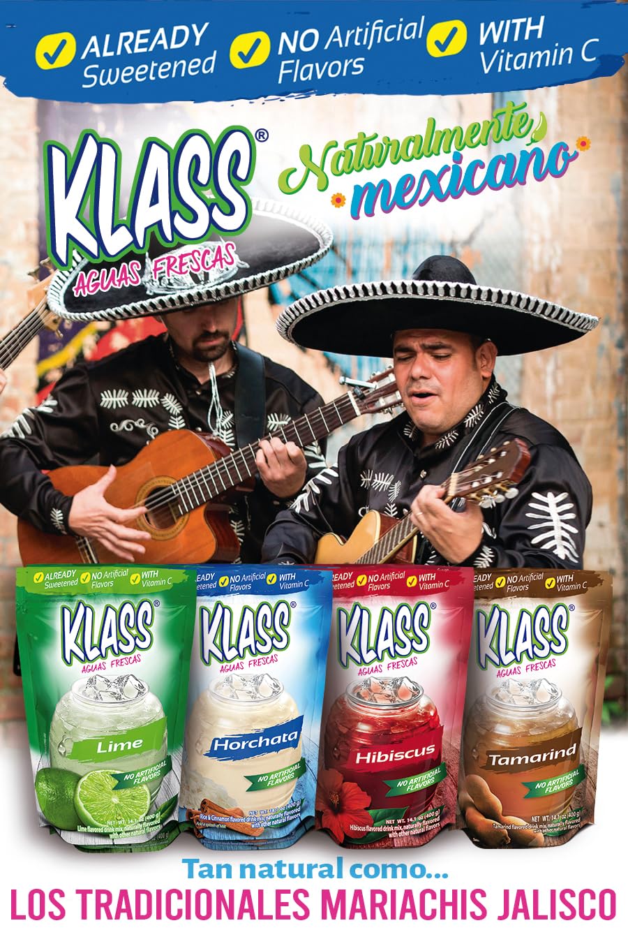 Klass Aguas Frescas | Drink Mix Mexican Variety Pack | Horchata Limeade Hibiscus & Tamarind Drinks | Flavors From Natural Sources, No Artificial Flavors, With Vitamin C (Makes 7 To 9 Quarts) 14.1 Oz Family Pack (4-Pack)