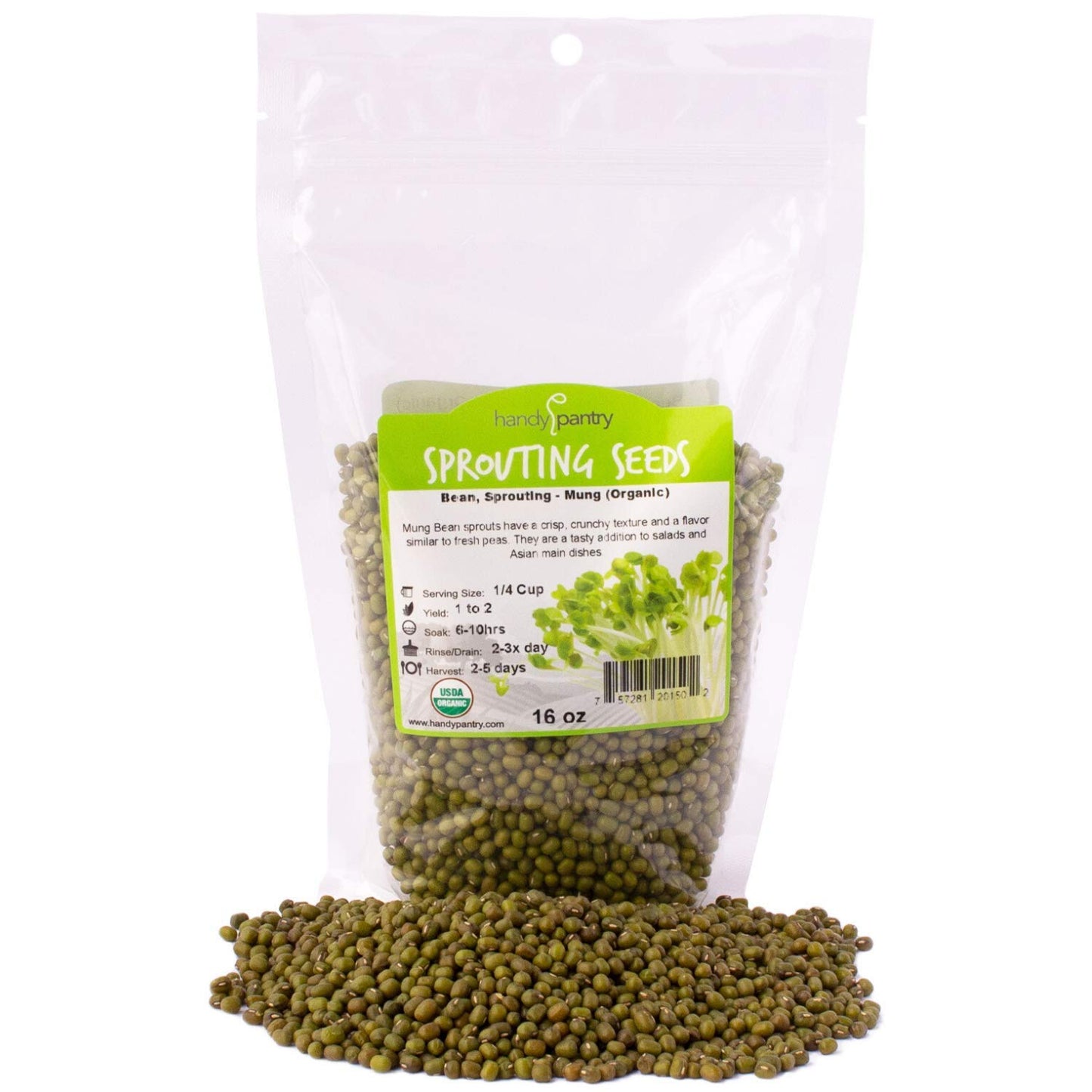 Mung Bean Sprouting Seed: 1 Lb - Organic, Non-GMO - Handy Pantry Brand - Dried Mung Beans for Sprouts, Garden Planting, Chinese