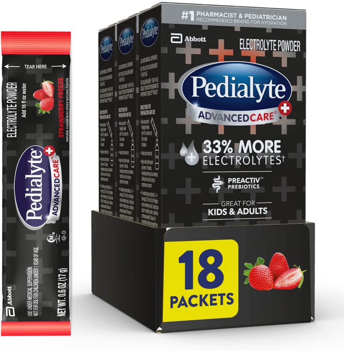 Pedialyte Advancedcare Plus Electrolyte Powder, With 33% More Electrolytes And Preactiv Prebiotics, Strawberry Freeze, Electroly