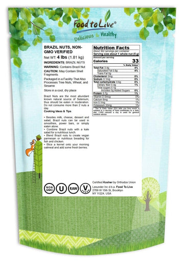 Food To Live - Raw Brazil Nuts, 4 Pounds Non-Gmo Verified, Raw, Whole, No Shell, Unsalted, Kosher, Vegan, Keto And Paleo Friendl