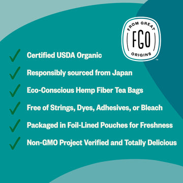 Fgo Organic Japanese Sencha Green Tea, 20 Count, Eco-Conscious Tea Bags, Resealable Bag, Packaging May Vary (Pack Of 1)