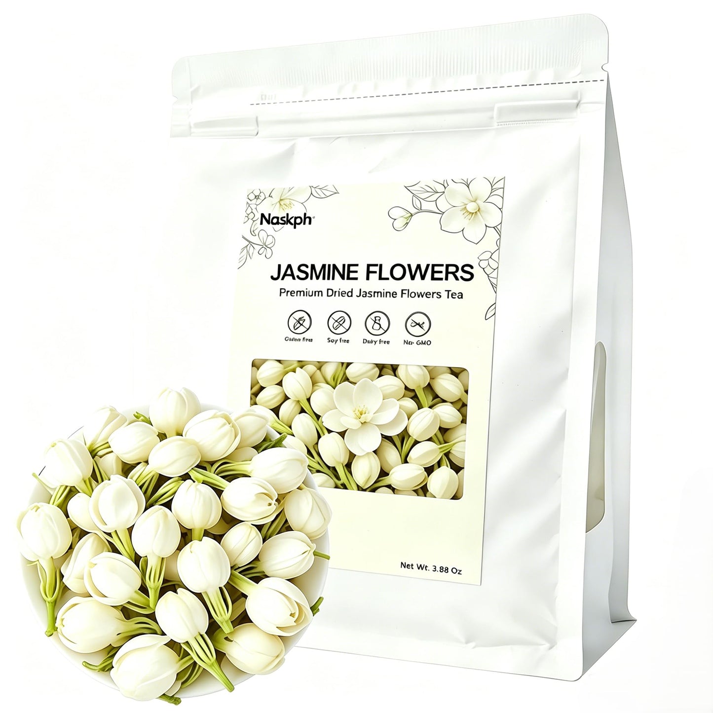 NASLAPH Dried Jasmine Flowers, 3.88Oz/110g Jasmine Buds Tea Loose Leaf, Authentic Chinese Jasmine Scented Tea