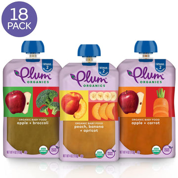 Plum Organics Stage 2 Organic Baby Food - Fruit And Veggie Variety Pack - 4 Oz Pouch (Pack Of 18) - Organic Fruit And Vegetable