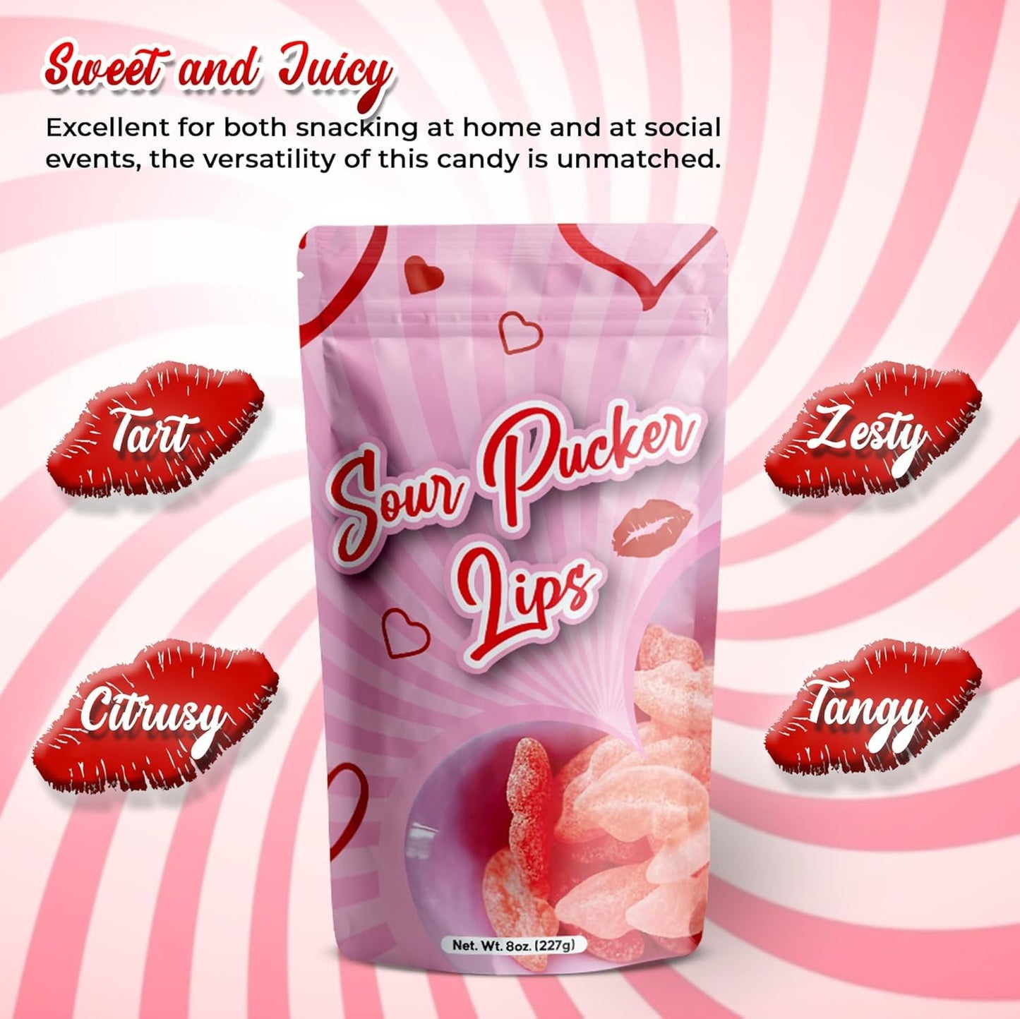 Ny Spice Shop Sour Pucker Candy - Lickey Lips Strawberry Candy - Sour Candy Variety Pack - Bulk Candy - Congratulations Candy - Pink Chewy Candy - Red Wax Lips Candy For Adults, Kids - 1 Pound