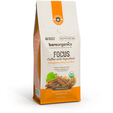 Bareorganics Artisan Ground Focus Bagged Coffee With Superfoods, Medium Roast, Non-Gmo & Gluten-Free, Ginkgo, Ashwagandha & Lion