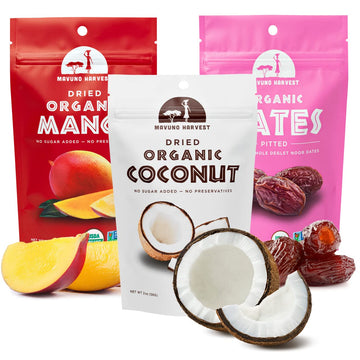 Mavuno Harvest Organic Dried Fruit Variety Pack | Dried Mango, Coconut, And Dates | Healthy, Vegan, No Sugar Added, Non Gmo Snacks For Kids & Adults | 2 Ounce, Pack Of 3