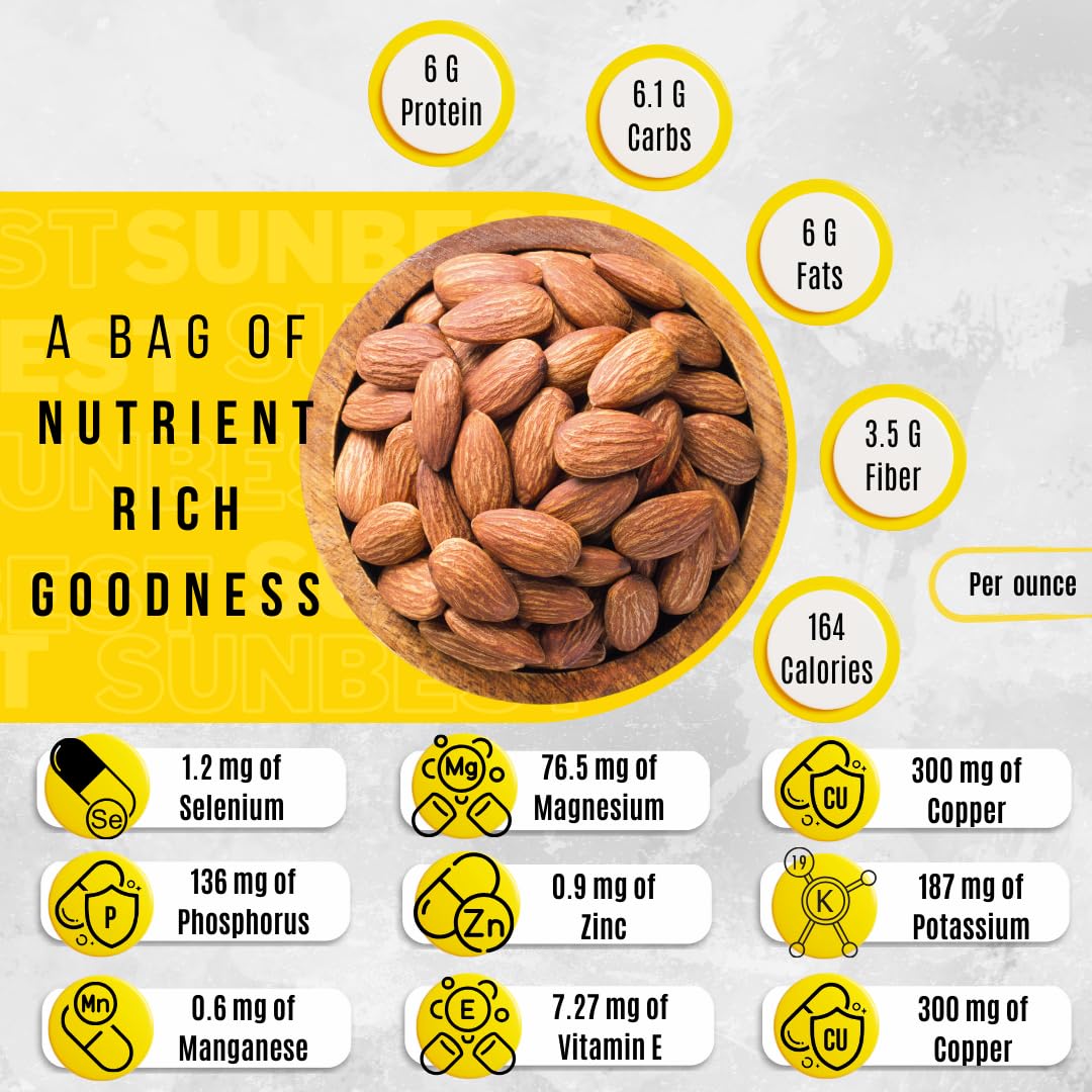 Sunbest Natural - Whole Raw Almonds, Unroasted & Unsalted Nuts For Cooking & Baking Nuts & Seeds On-The-Go, Non-Gmo & Kosher Almond Nuts Bulk In Resealable Bag, 3 Lbs