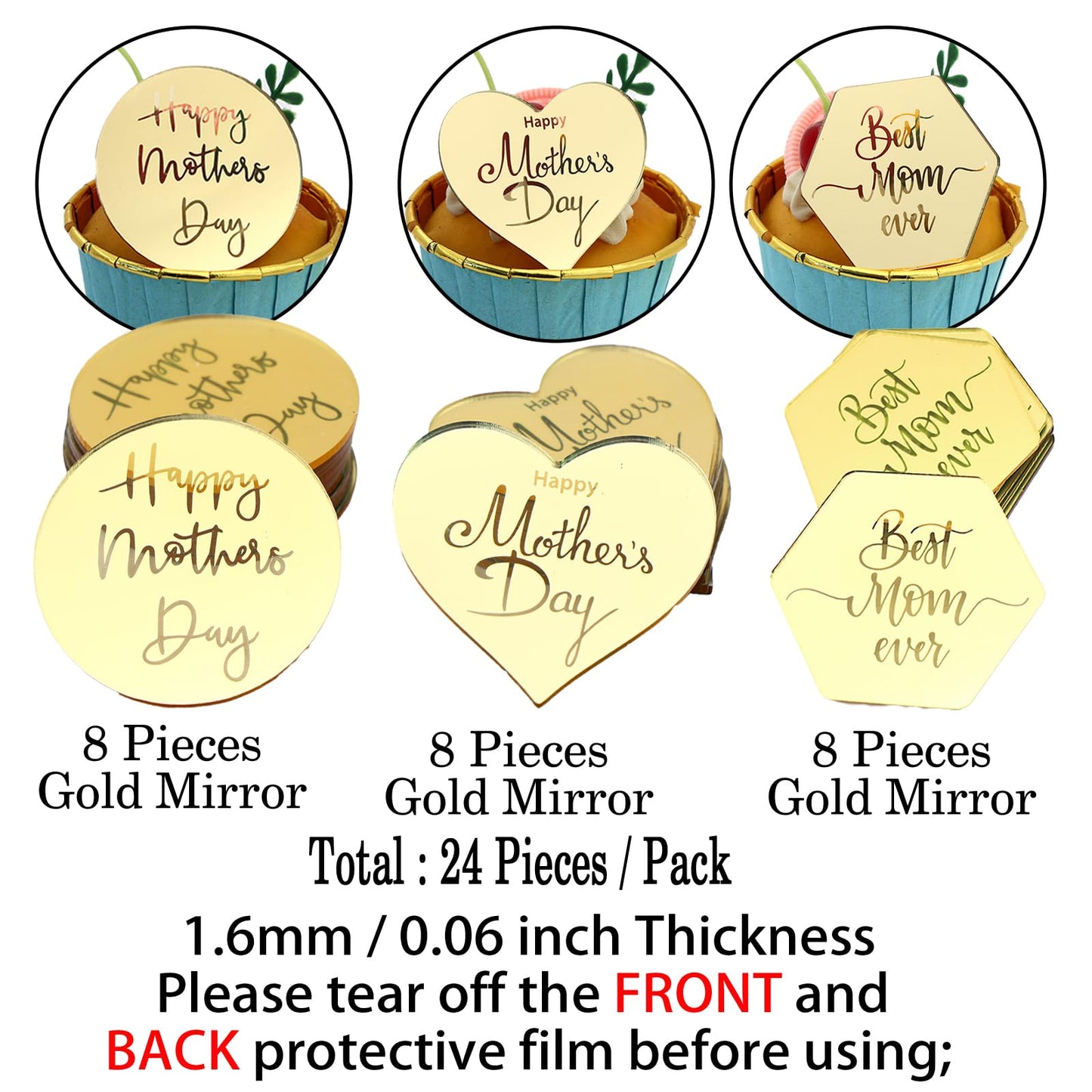 AiQi Bakes Happy Mothers Day Cupcake Toppers, 24 Pieces, Gold Mirror Acrylic, Circle Hexagon Heart Shapes, Model AQHMD-X24