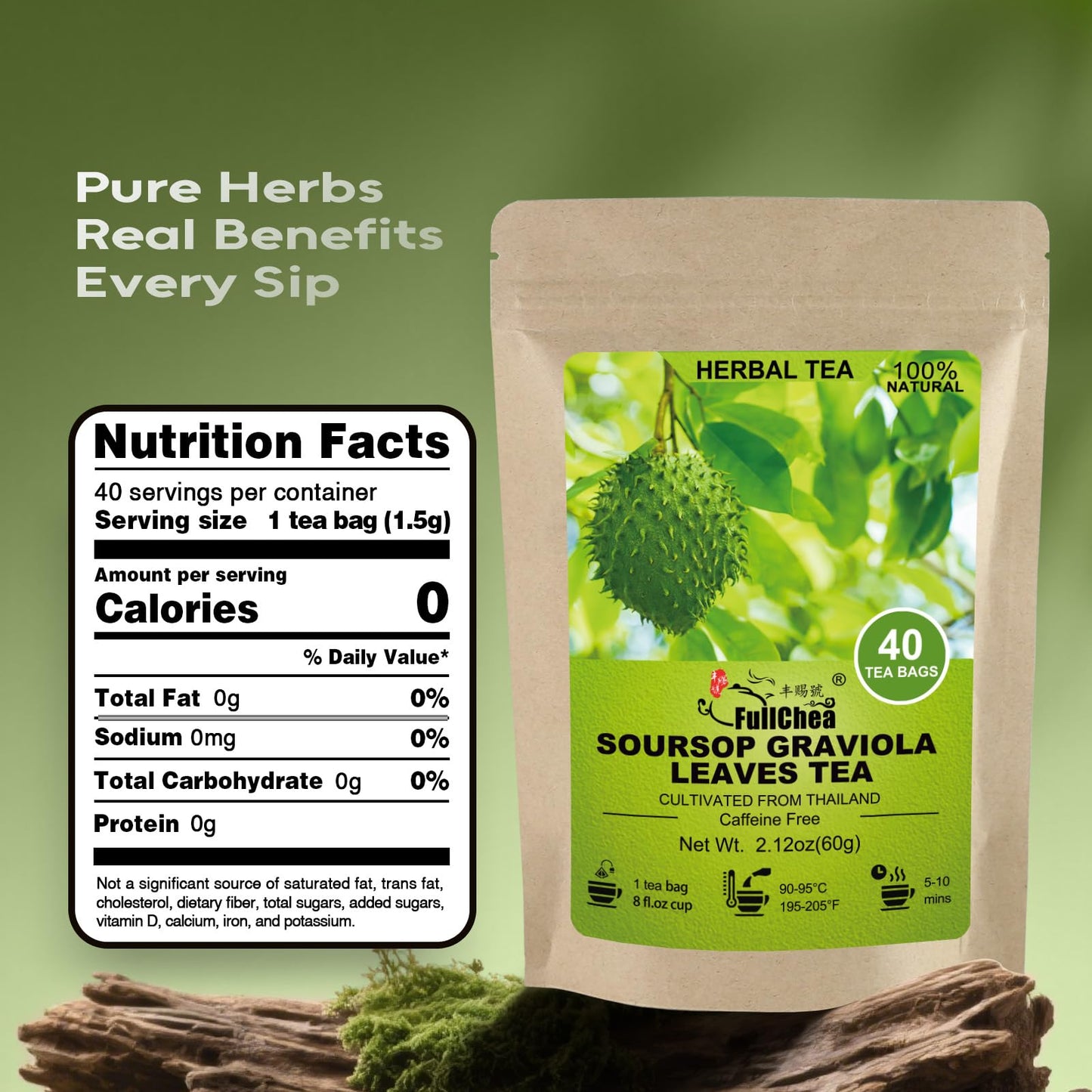 FullChea Soursop Leaves Tea Bags - 40 Count - Non-GMO, Caffeine-free, Improve Digestion, Support Healthy Skin & Sleep