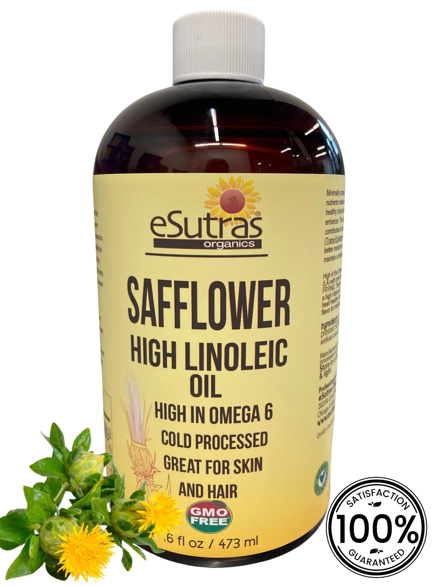 eSutras Organics Linoleic Safflower Oil - Cold Pressed, Moisturizing Non-GMO Oil For Hair, Body & Skin Care(16 oz)