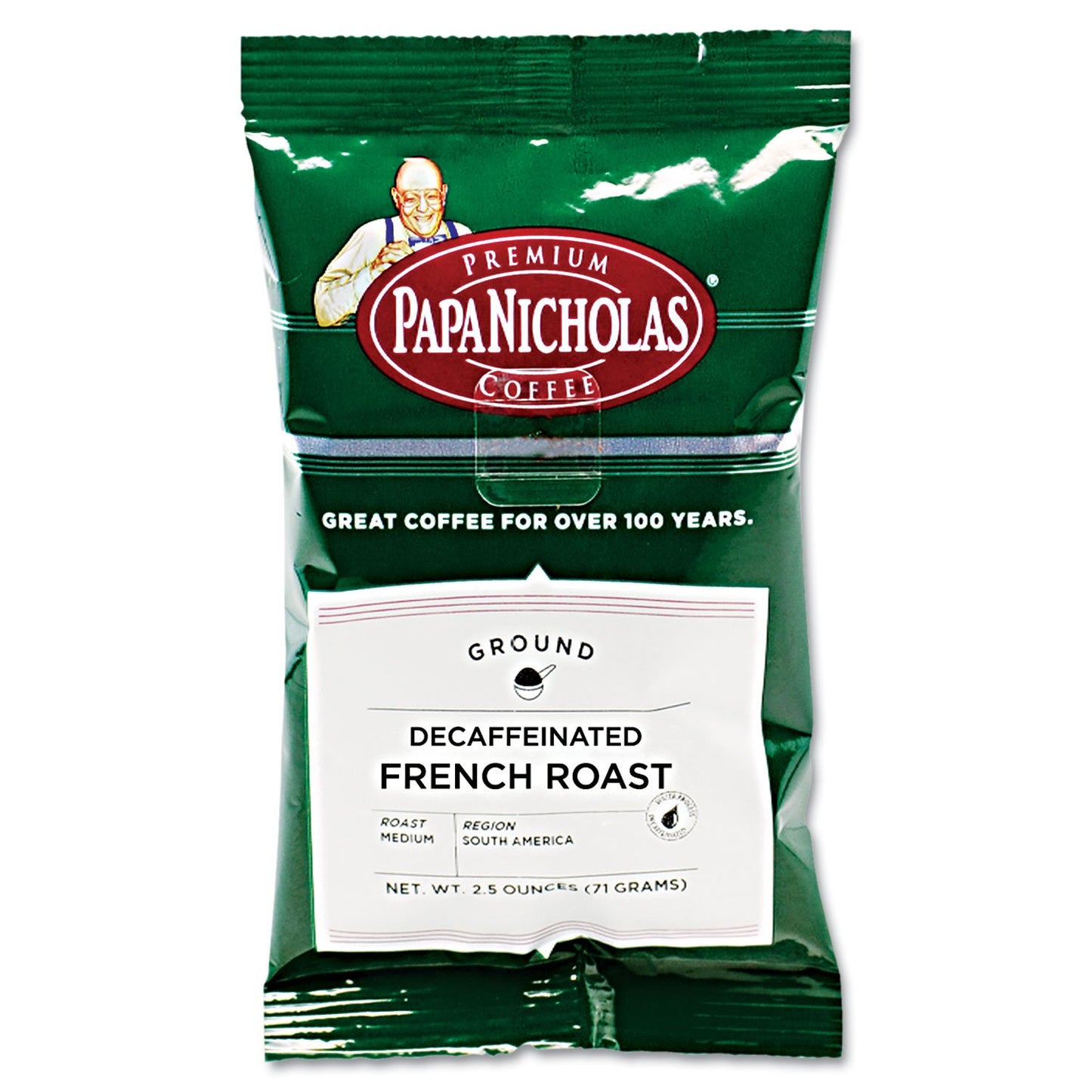 Papanicholas Coffee Decaffeinated French Roast Packets, Model PCO25186, 18 Pack, 2.5 Ounce Each