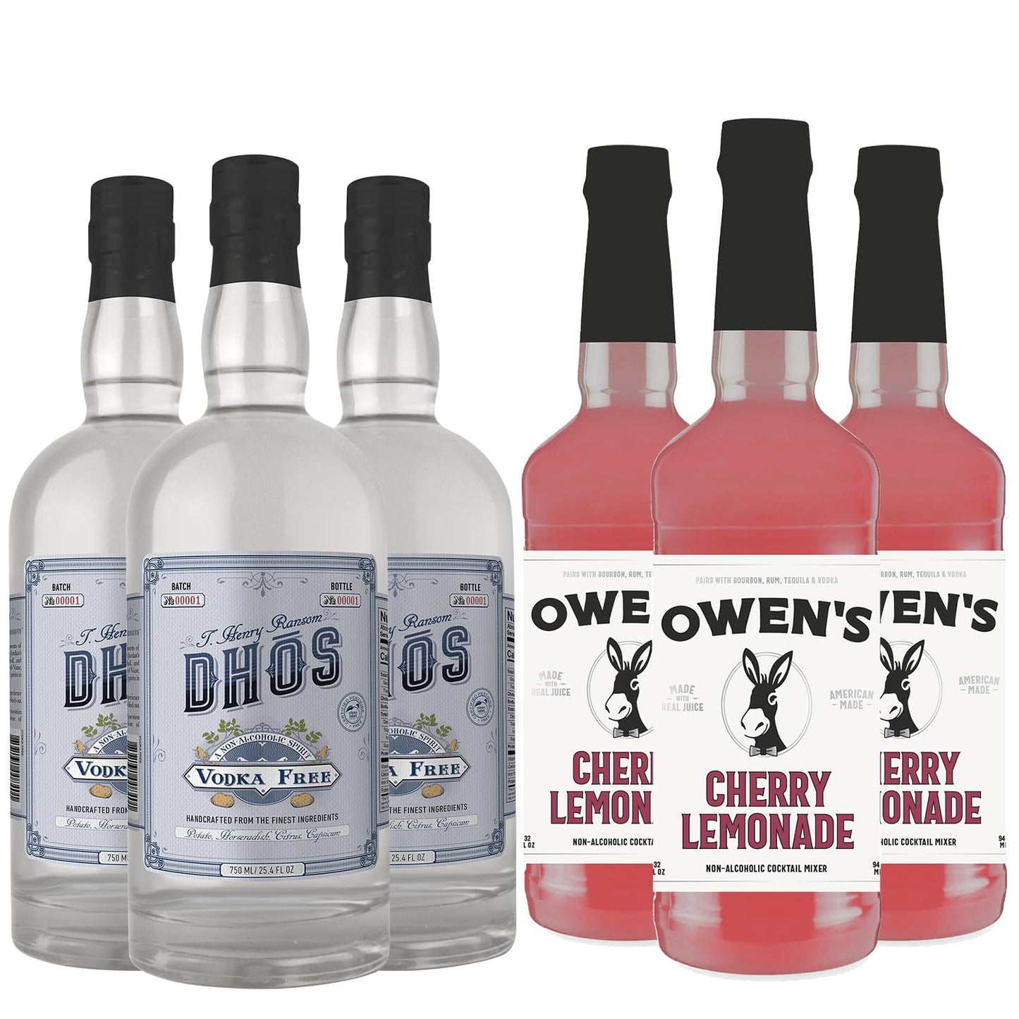 ChromaCast Dhos Handcrafted Non-Alcoholic Vodka 750 ML & Owen’s Cherry Lemonade Mix 32 OZ - Keto-Friendly, Zero Sugar, 3 Pack