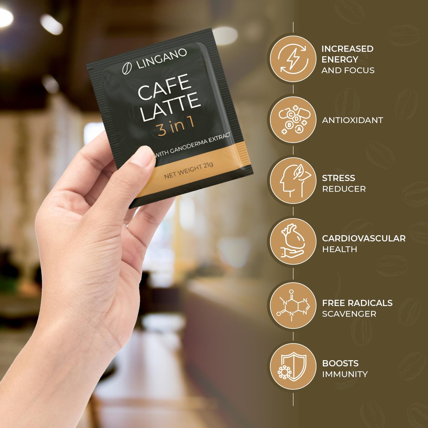 Nutrizza Ganoderma Cafe Latte 3-in-1 Coffee Mix - Gourmet Instant Coffee (20 Sachets, 14.82 oz)