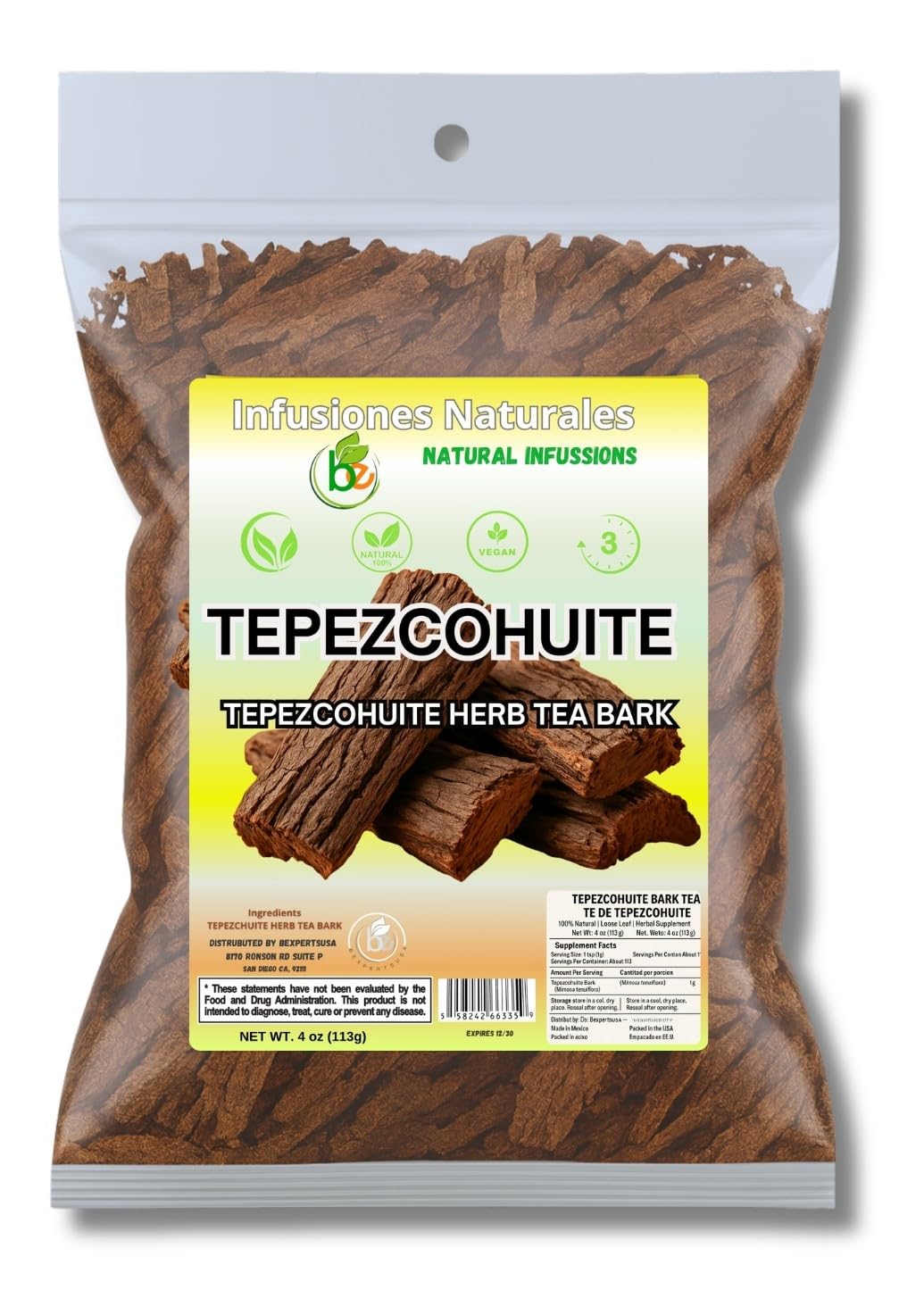 BEXPERTSUSA Tepezcohuite Herbal Tea – 100% Natural Wildcrafted Infusion – 4 oz Loose Bark – Vegan, Non-GMO, Caffeine-Free