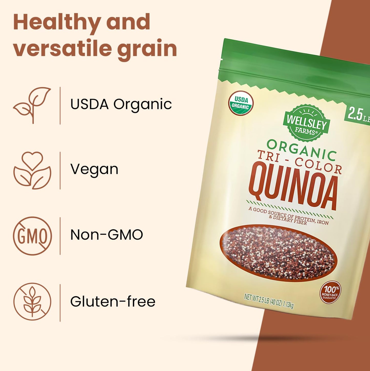 Wellsley Farms Organic Tri-Color Quinoa | Usda Certified Organic, Gluten-Free, Non-Gmo, Kosher | Vegan Protein Source | High Fib