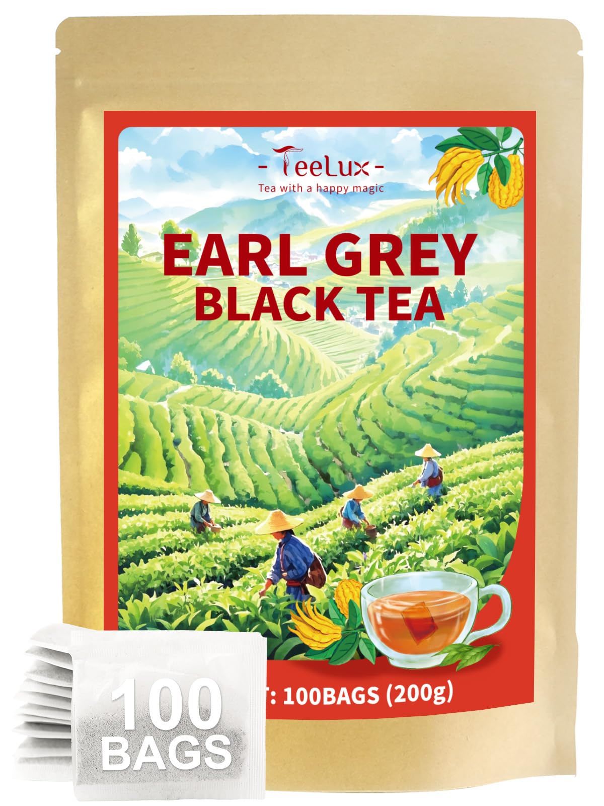 Teelux Earl Grey Tea Bags Top-Grade Black Tea Blended With Natural Bergamot Flavor Refreshing & Mellow Taste Enjoy Hot Or Iced 100 Count