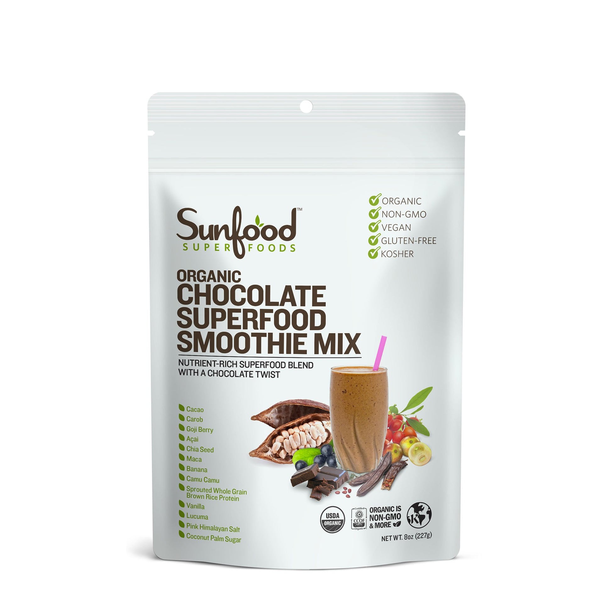 Sunfood Organic Chocolate Superfood Smoothie Mix - Vegan Protein Powder, Plant Protein Powder, Plant Based Pea Protein Blend wit