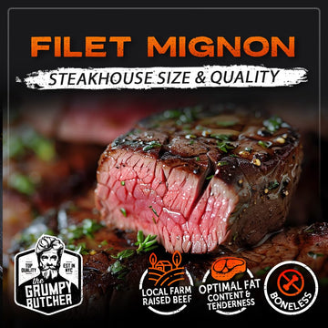 Grumpy Butcher Large Filet Mignon Steaks, 6 Pack (8 Oz Each) - Prime Steak House Size Beef Tenderloin Center Cut -With Steaks Gi