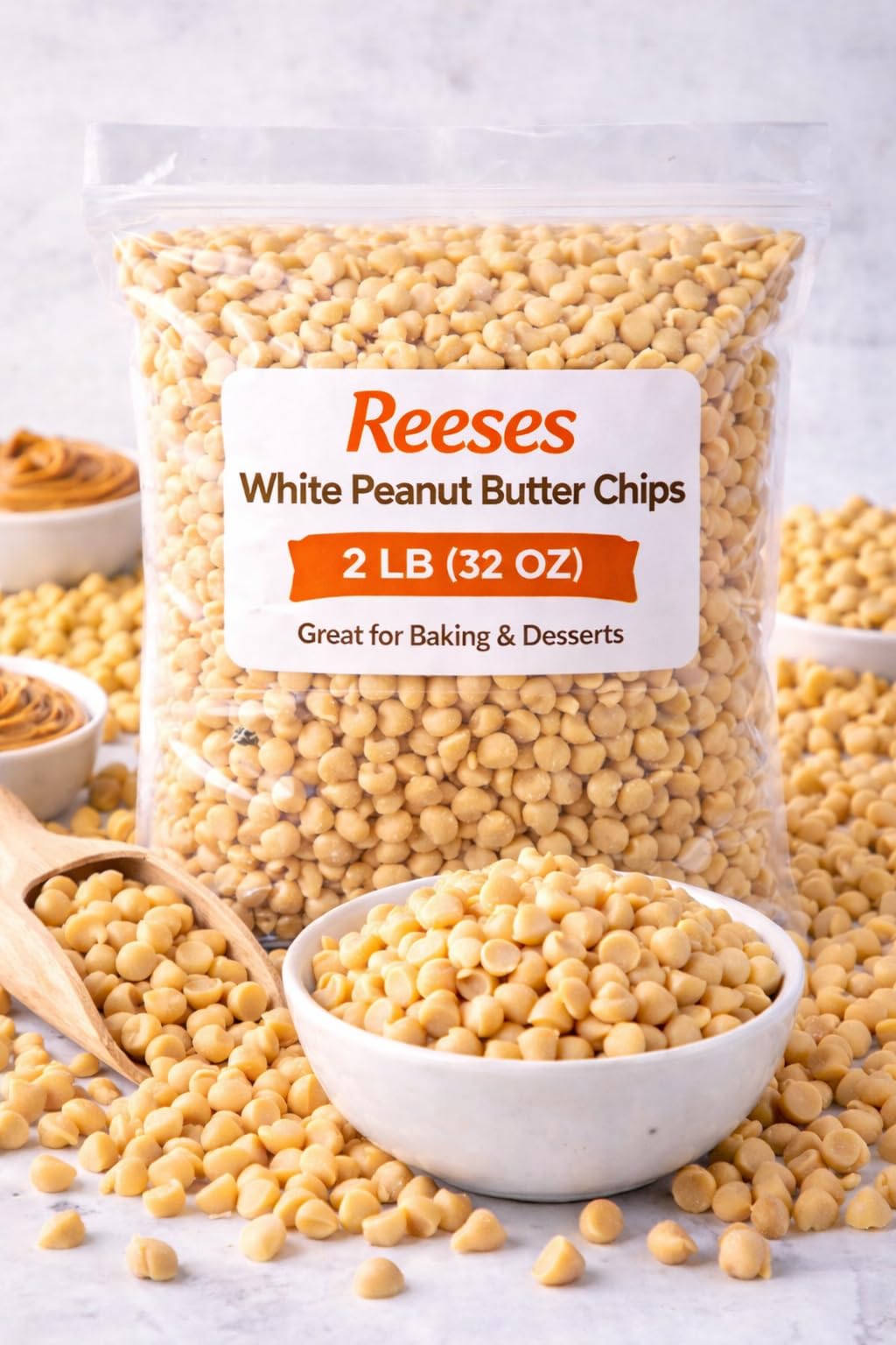Reese White Peanut Butter Chips Zero Sugar Peanut Butter Baking Chips -2 Lb - Gluten Free With No Artificial Colors Or Preservatives, Perfect For Baking And Stocking Stuffers And Great For Sharing Enjoy Anywhere And Anytime