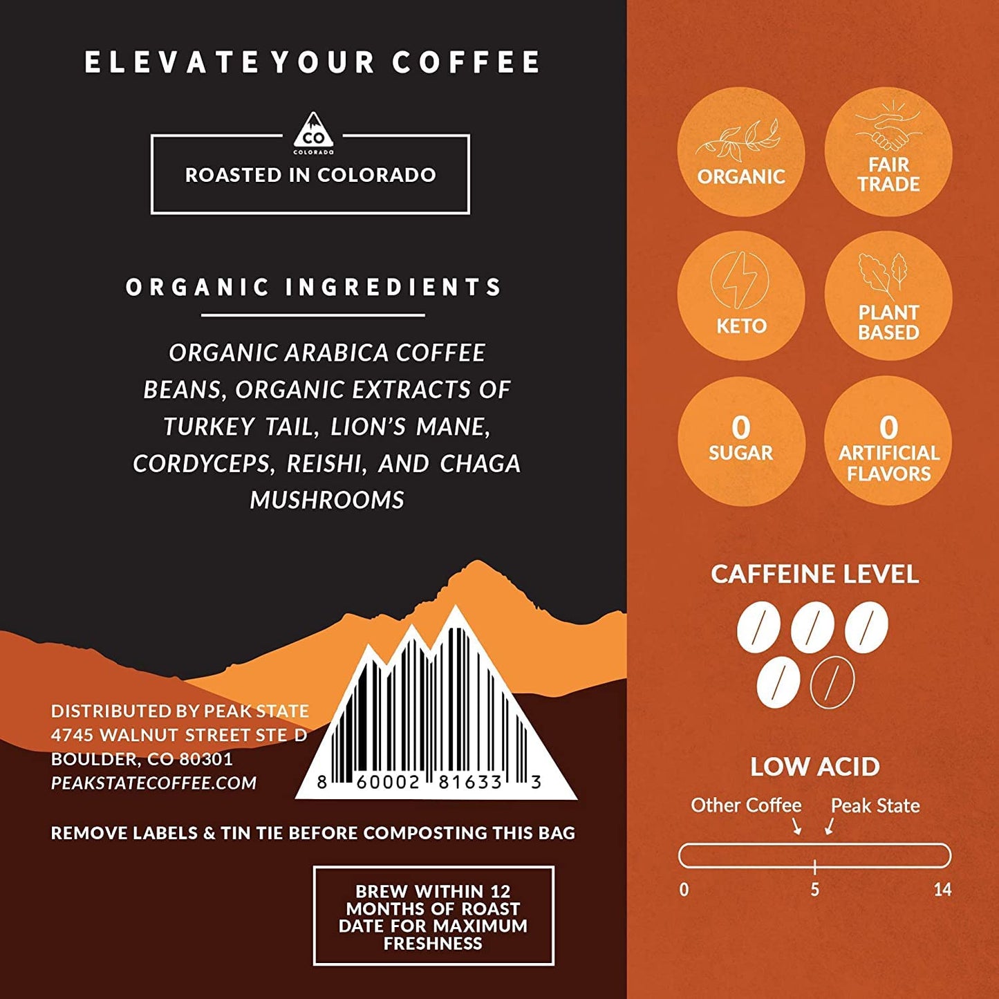 Peak State Coffee With Functional Mushrooms, Low Acid, Whole Bean (Focus, Boost Immunity, & Destress) (Immunity Boost)