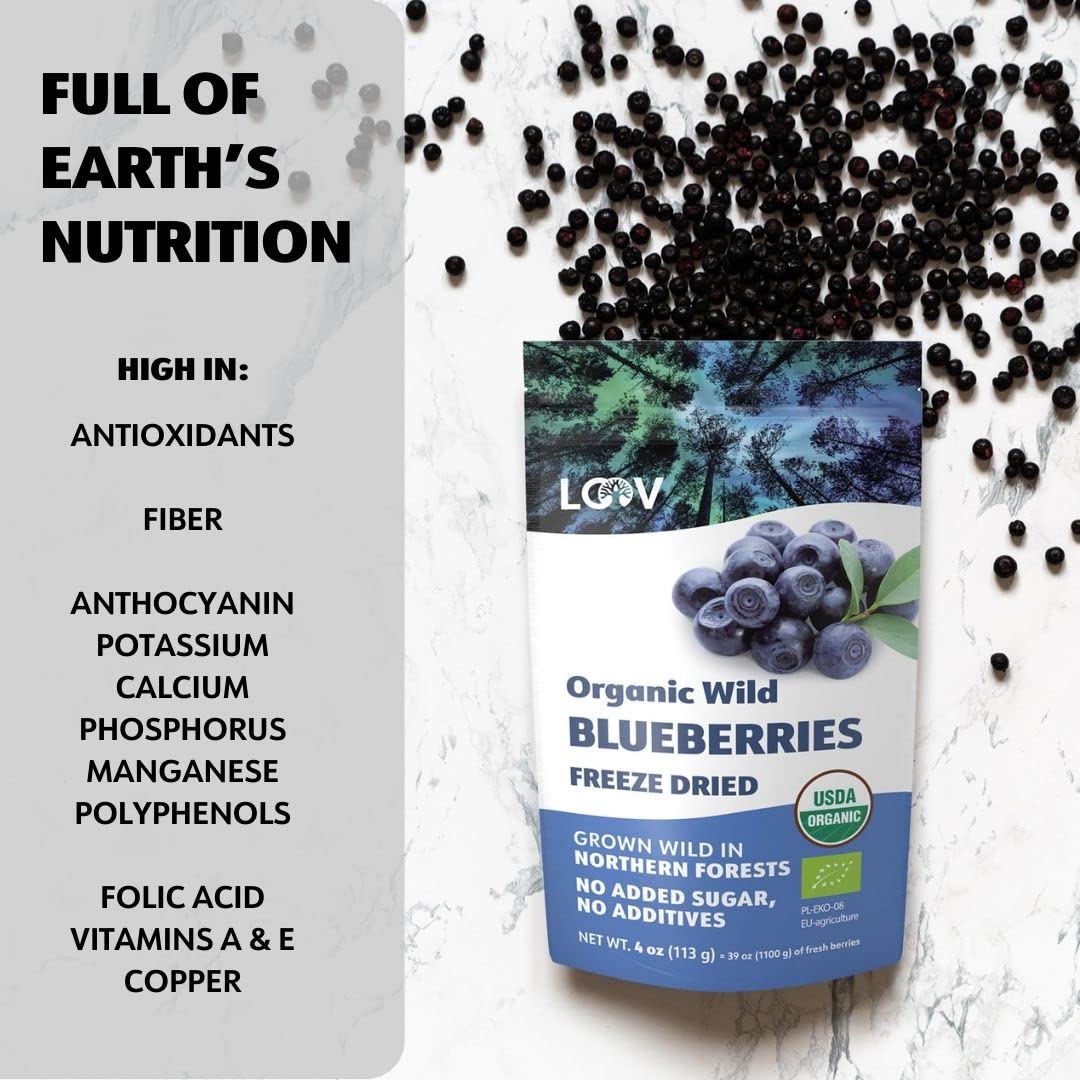 Loov Wild Organic Dried Blueberries, No Added Sugar, No Added Oil, 4 Ounces, Freeze Dried Blueberries Organic From Nordic Forest