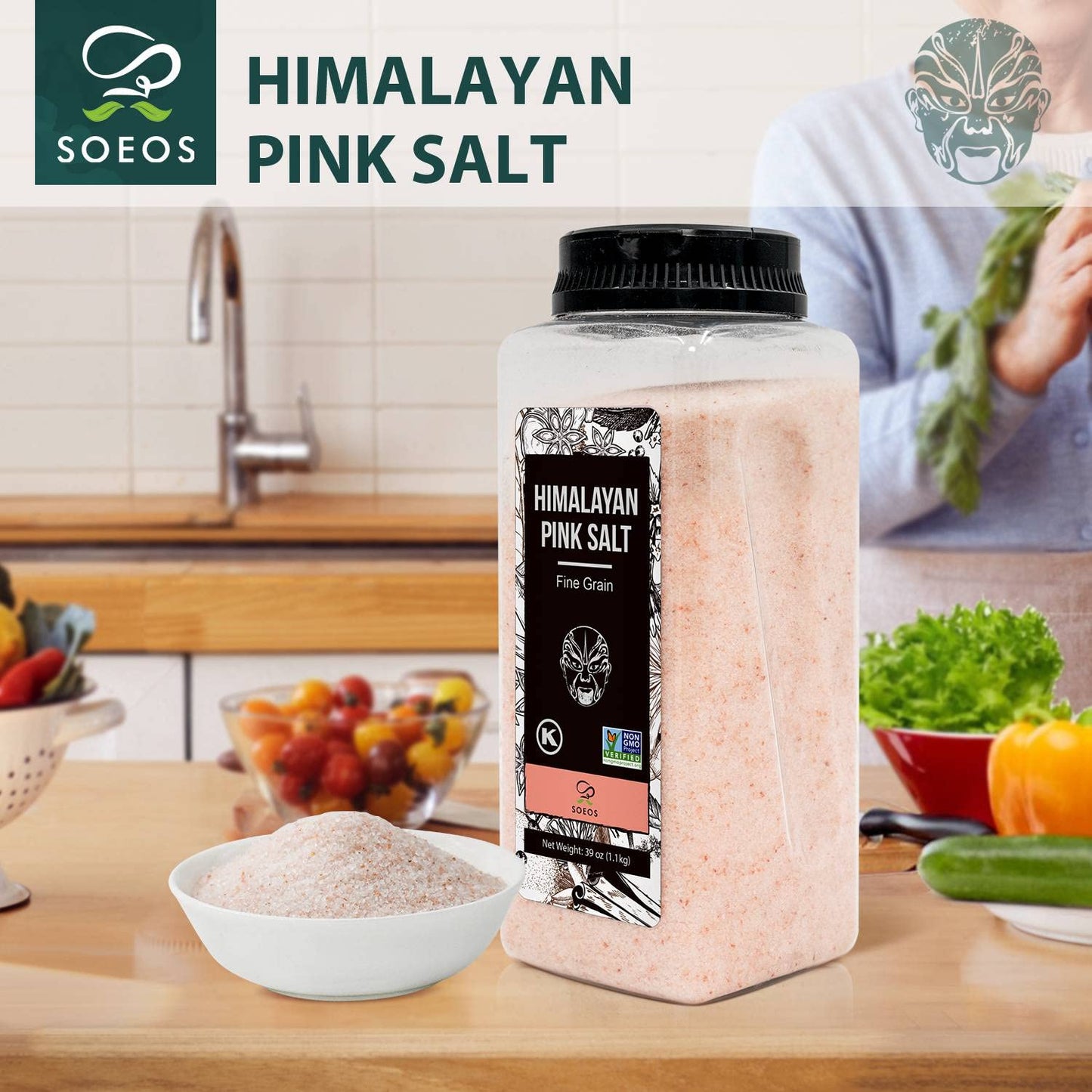 Soeos Himalayan Pink Salt, Fine Grain, 38.8oz (2.4 LB), Non-GMO, Pink Salt, Kosher Salt, Himalayan Rock Salt