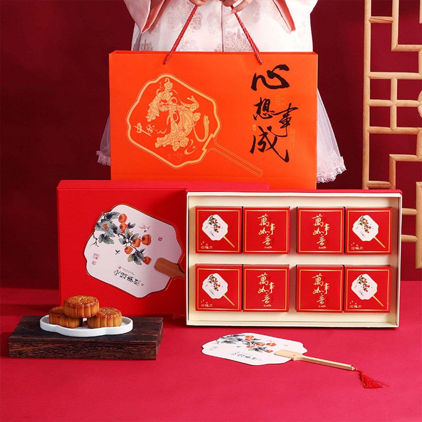 8Pcs Cantonese Mooncakes Gift Box,Lotus Seed/Bean Paste Flavour Mooncakes,Chinese Dim Sum,Traditional Moon Cake Pastries,For Gif