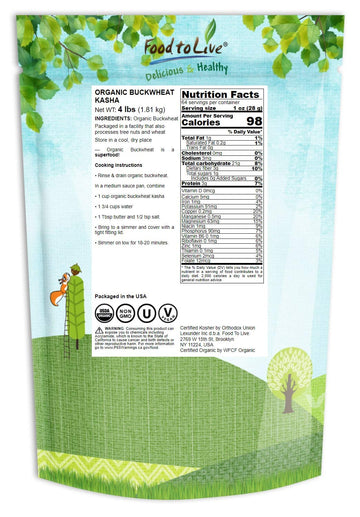 Food to Live Organic Buckwheat Kasha (Grechka, Toasted Whole Groats, Non-GMO, Kosher, Sirtfood, Bulk) by Food to Live - 4 Pounds