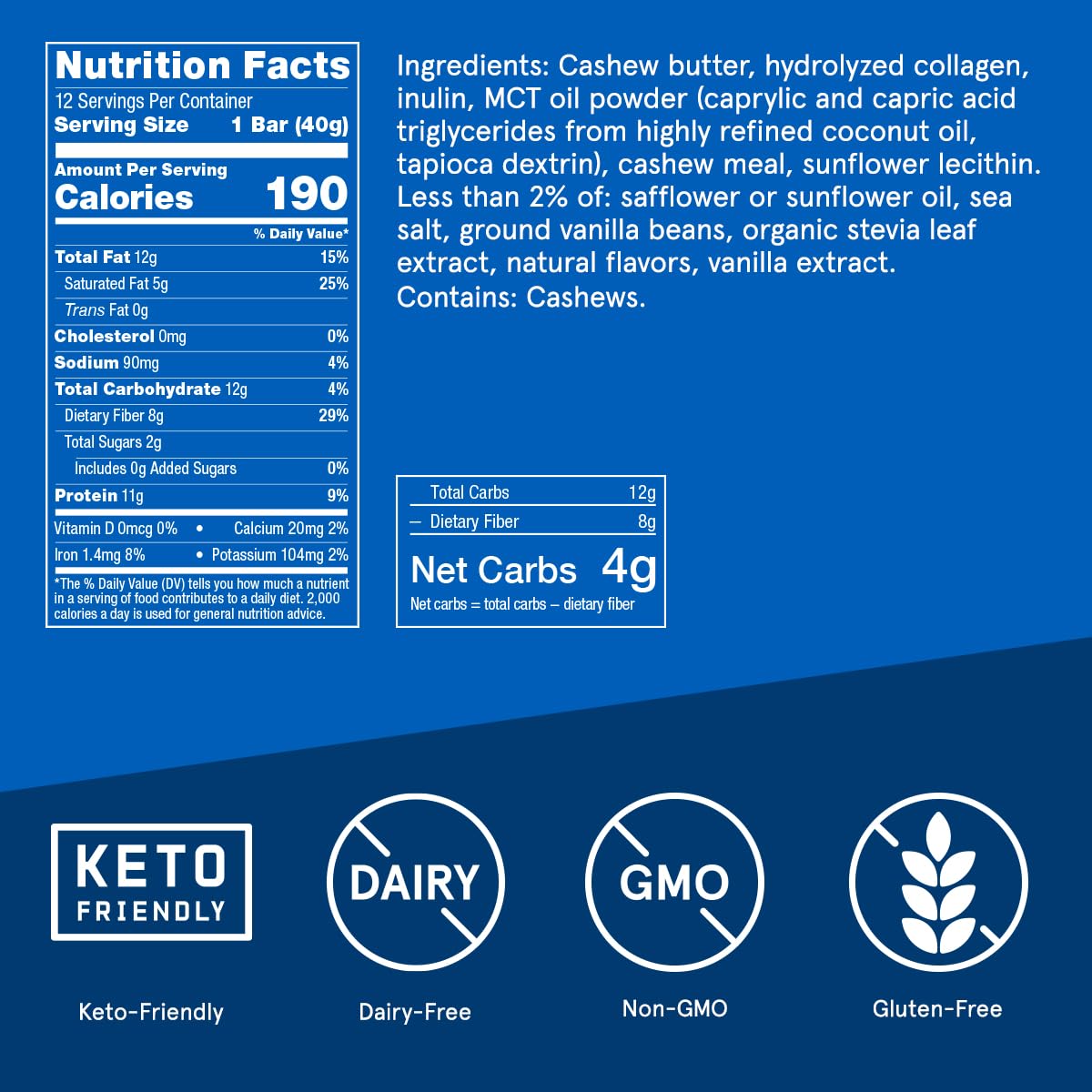 Collagen Protein Bars, Vanilla Shortbread, 11g Protein, 12 Pack, Bulletproof Grass Fed Healthy Snacks, Made with MCT Oil, 2g Sug