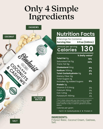 Elmhurst 1925 Unsweetened Coconut & Cashew Milk - 32 Ounce (Pack of 6) Dairy-Free Gluten-Free Vegan Shelf Stable Milk Made w/ Coconut Cream & Cashews for Healthier Simpler Plant-Based Alternatives