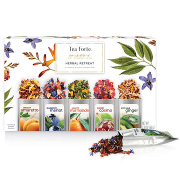 Tea Forte Single Steeps Loose Leaf Herbal Retreat Tea Sampler, Assorted Variety Tea Box, Single Serve Pouches, 15 Count (Pack of