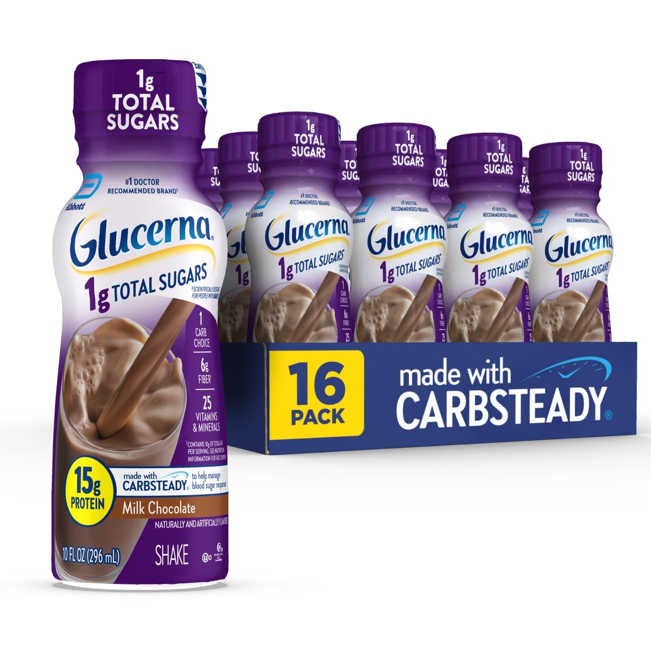 Glucerna Chocolate Diabetes Care Shake, 15g Protein, 180 Calories, 10 Fl Oz Bottle, Pack of 16