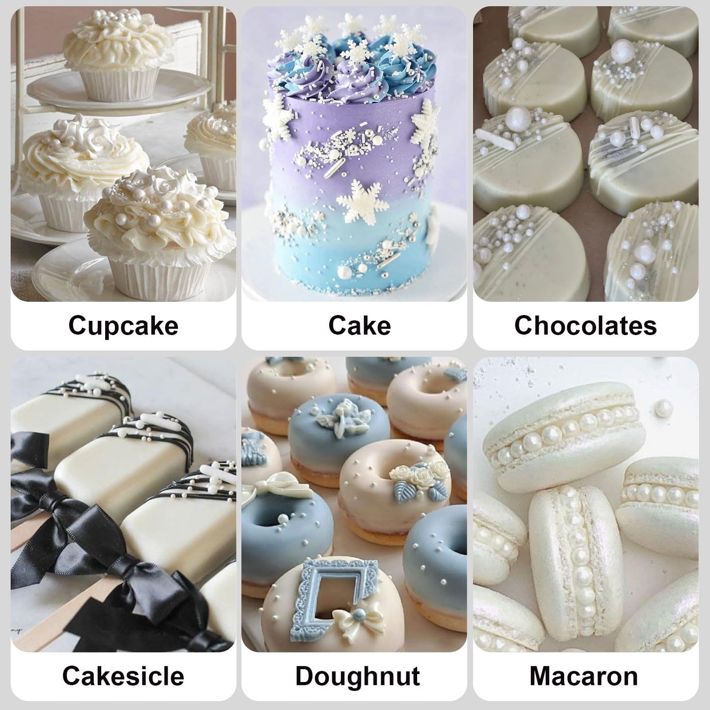 HUEBEATY 6-in-1 White Edible Cake Pearls Sprinkles for Cake Decorating, Cupcakes, Cookies & Ice cream | 180g/6.36oz | White Nonp