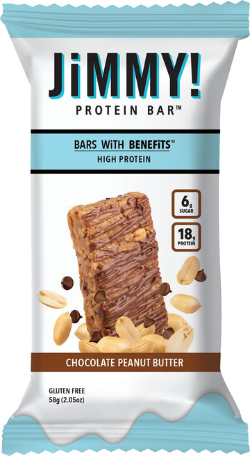 Jimmybar! Chocolate Peanut Butter Protein Bars 18G Protein Bar, 6G Low Sugar - 12 Count - 58G Health Bars - Functional Snack With Real Peanuts & Hand-Drizzled Chocolate