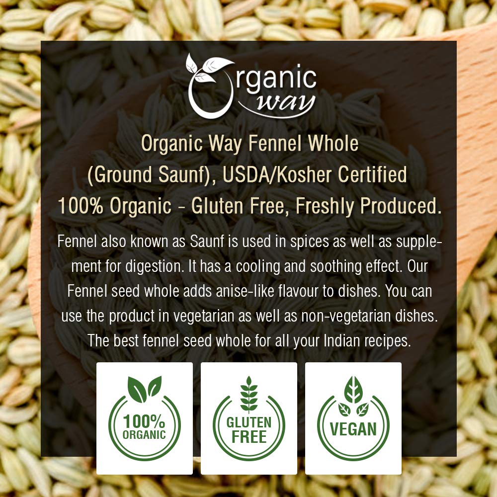 Organic Way Fennel Seed Whole - Raw, Vegan, Non-GMO, Gluten Free - 1/2 Pound - USDA Certified - Origin: India